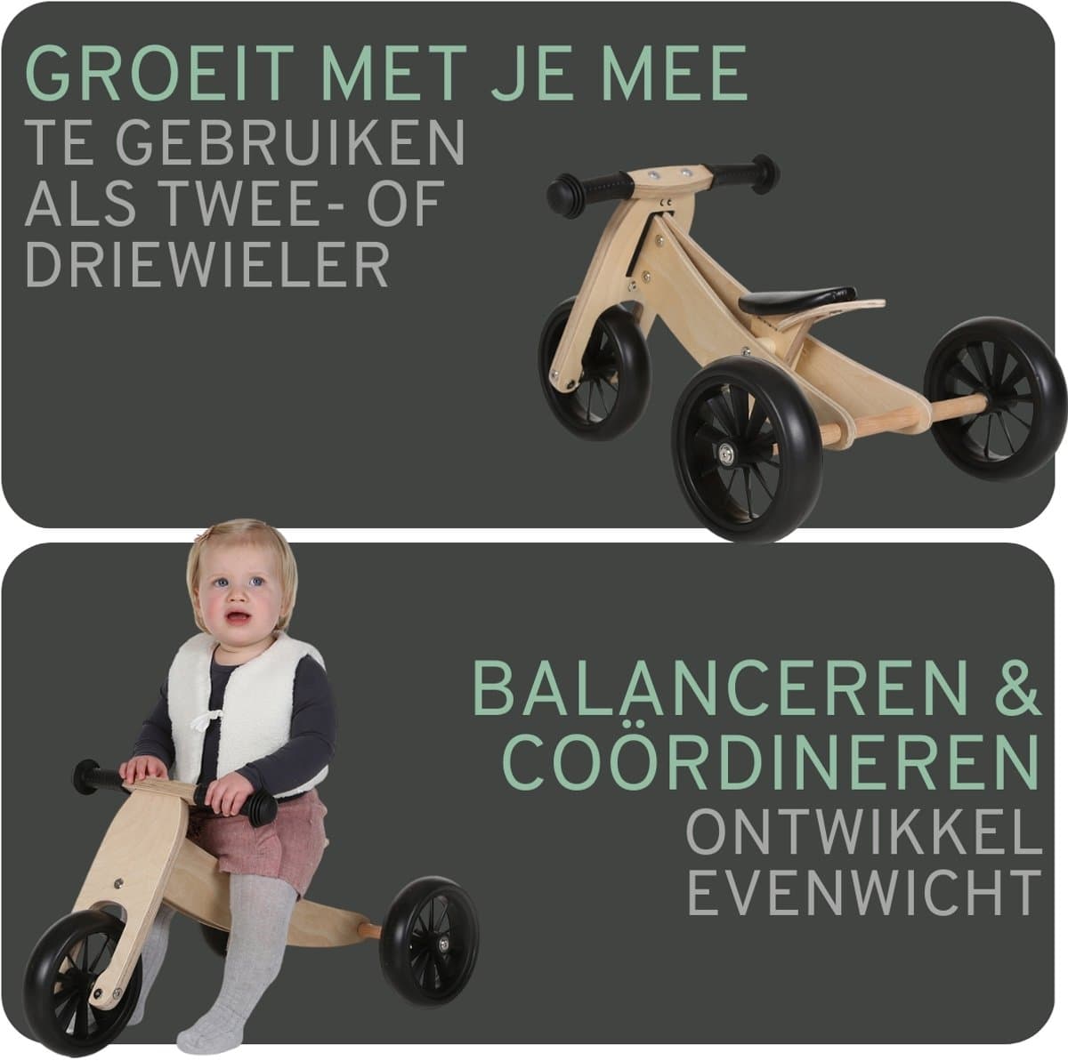 Bandits & Angels Smart Bike Loopfiets Hout 4-in-1 vanaf 1 jaar - Voor Jongens en Meisjes - Houten Loop Fiets - Omkeerbaar in Driewieler en Tweewieler - Verstelbaar Zadel thumbnail 3