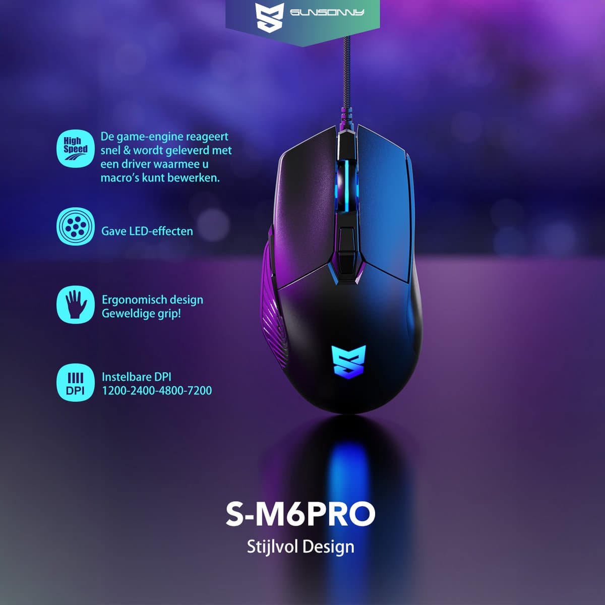 Sunsonny S-M6PRO Gaming Muis - 7200 DPI, Programmeerbaar thumbnail 4