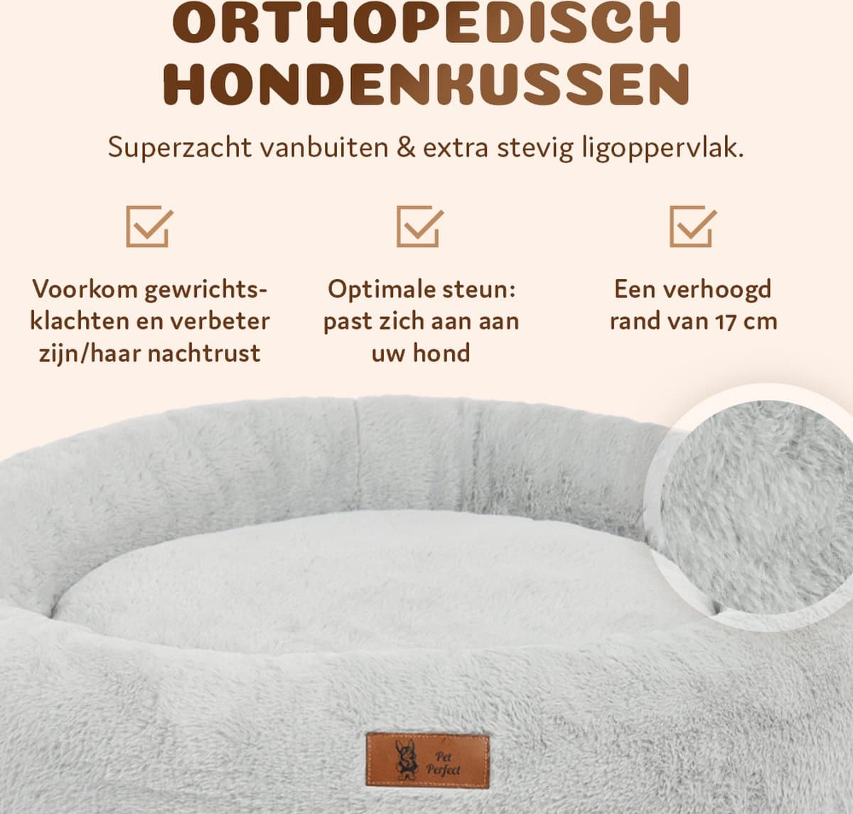 Pet Perfect Orthopedische Hondenmand – Donut Hondenmand – Hondenkussen – Hondenbed – Wasbaar - 80 cm - Grijs thumbnail 5