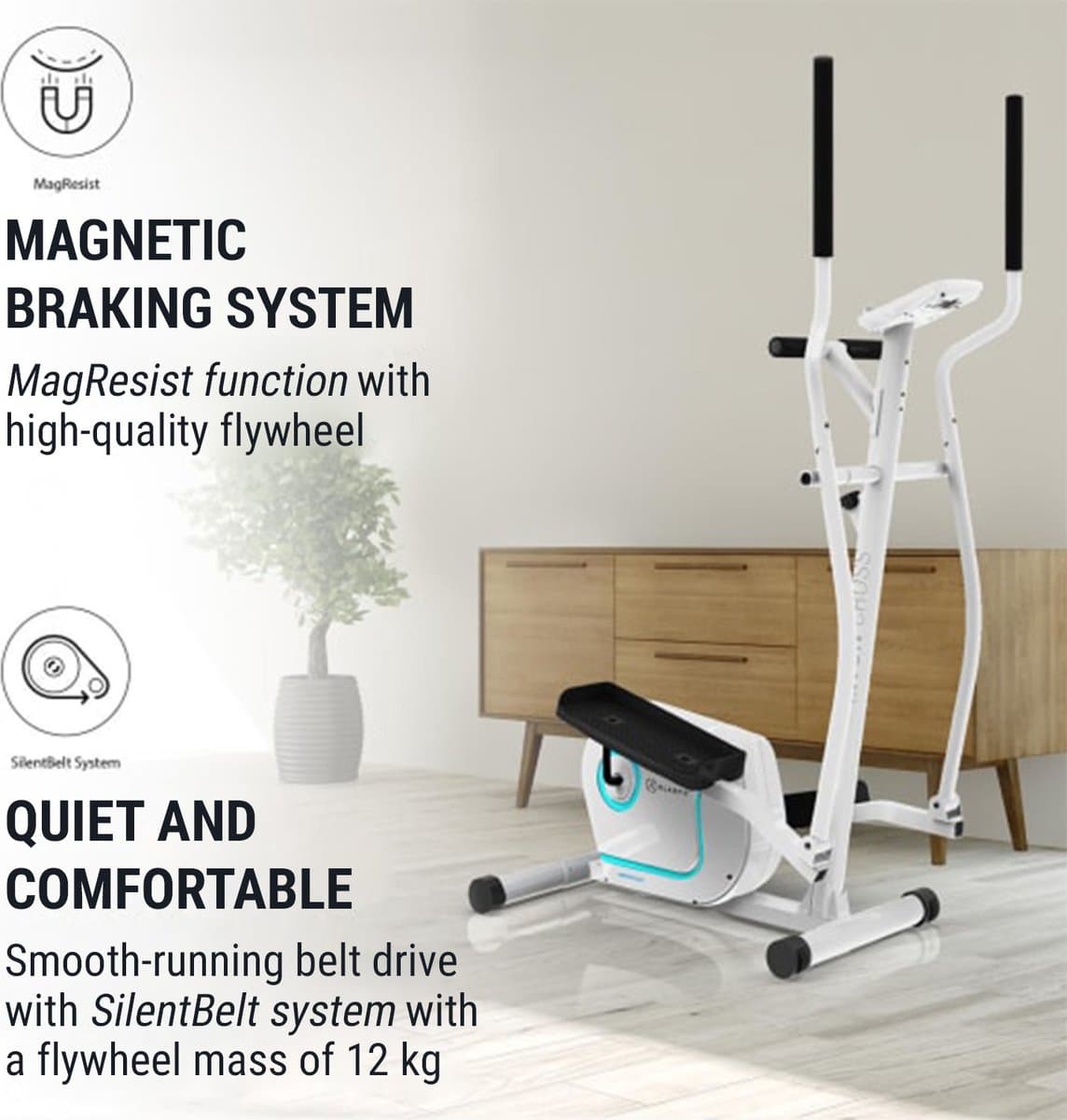 Klarfit Myon Cross Crosstrainer – Crosstrainer met 12 kg Vliegwiel, Elliptische Trainer met SilentBelt Systeem, 8 Weerstandsniveaus, Tablethouder, PulseControl, Antiekwit thumbnail 2