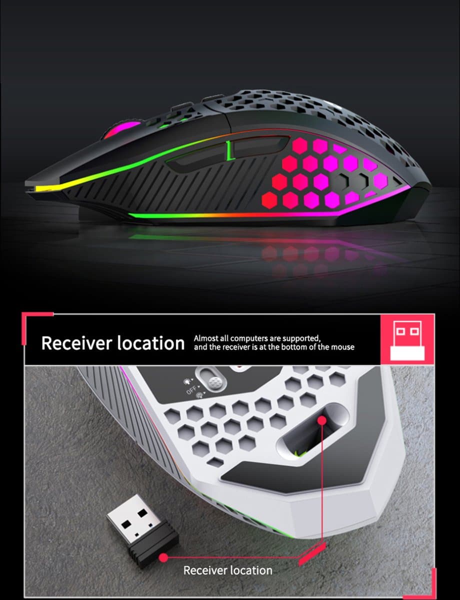 HXSJ T500 Draadloze Gaming Muis - Ultra licht - RGB Verlichting - Licht zwart thumbnail 8