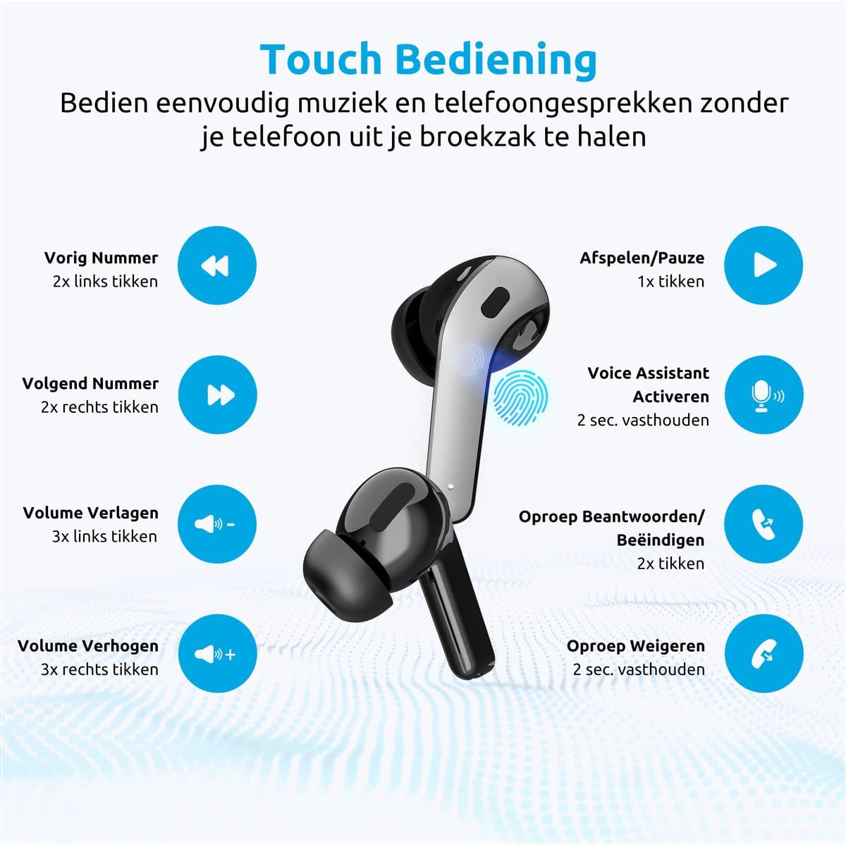 PrimeSound P-10 Draadloze Oordopjes - Bluetooth 5.3 - 30 Uur Afspeeltijd - IPX5 Waterdicht - Touch Bediening - Zwart thumbnail 8