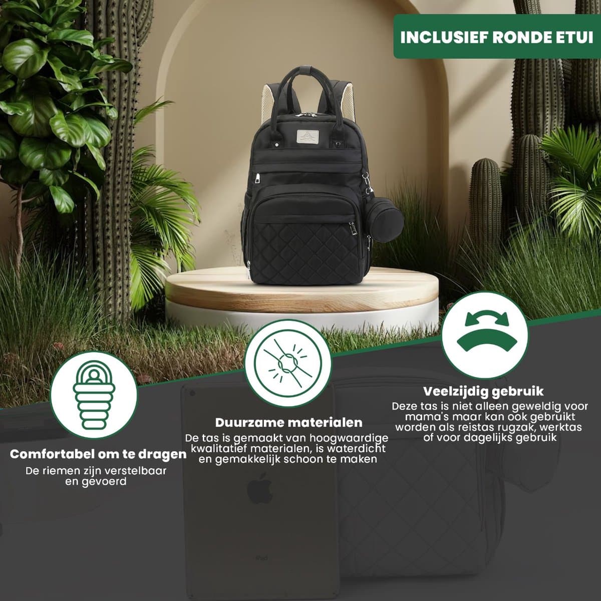 Luxegoed® Luiertas Rugzak met Verschoonmatje - Luiertassen - Rugtas - Zwart - Inclusief – Buggy /kinderwagenhaken, spenenetui en Isoleervak – Complete Set thumbnail 5