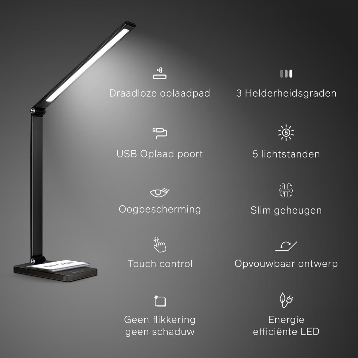 Bintoi DL200 - Bureaulamp LED Dimbaar - Leeslamp - Bedlamp - Touch Control - Wit en Warm Licht - Draadloos Mobiel Opladen - Zwart thumbnail 3