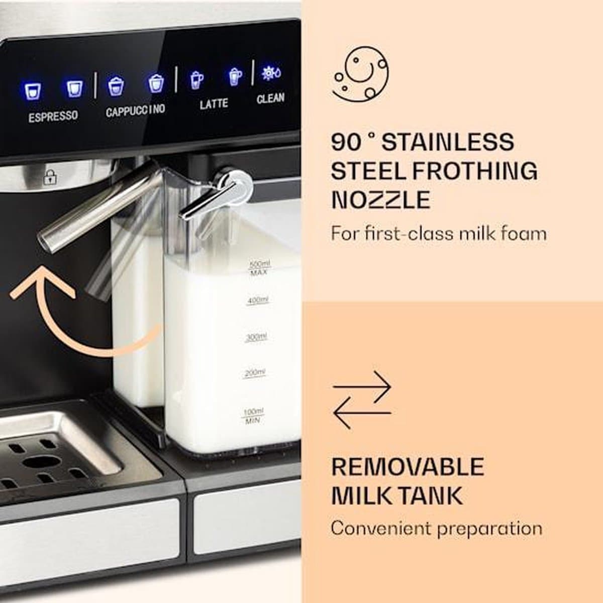 Klarstein Koffiemachine Espresso Pistonmachine met Melkopschuimer, 1,8 L Mini Espressomachine met Piston, 20 Bar RVS Compact, Melkreservoir, 1350 W Koffiemachine voor Gemalen Koffie - Stoompijpje Touch LED - Coffee Machine thumbnail 4