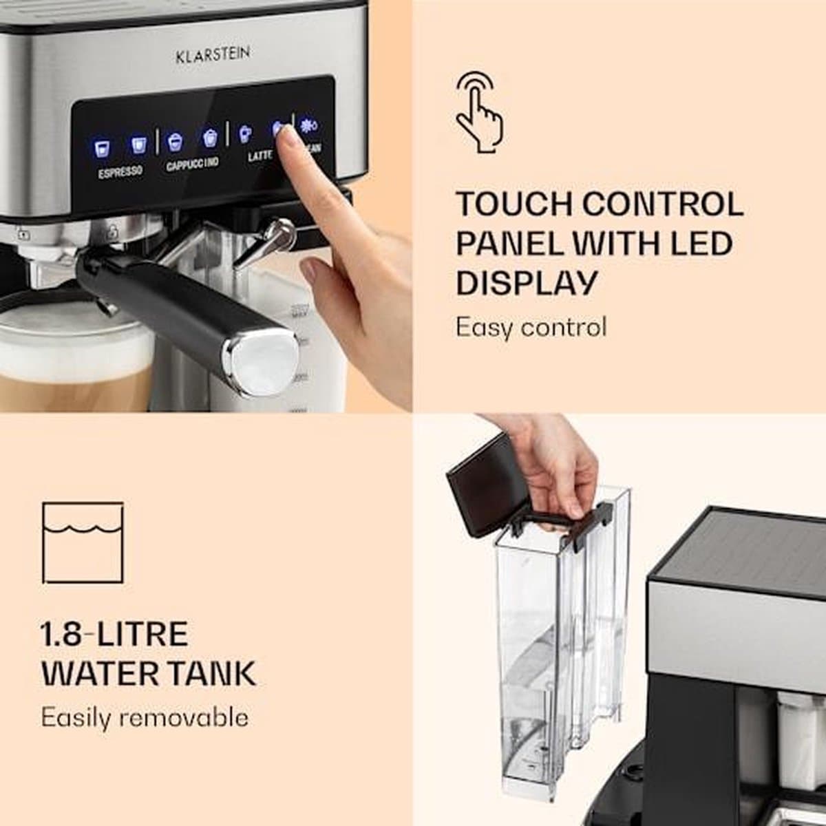 Klarstein Koffiemachine Espresso Pistonmachine met Melkopschuimer, 1,8 L Mini Espressomachine met Piston, 20 Bar RVS Compact, Melkreservoir, 1350 W Koffiemachine voor Gemalen Koffie - Stoompijpje Touch LED - Coffee Machine thumbnail 2