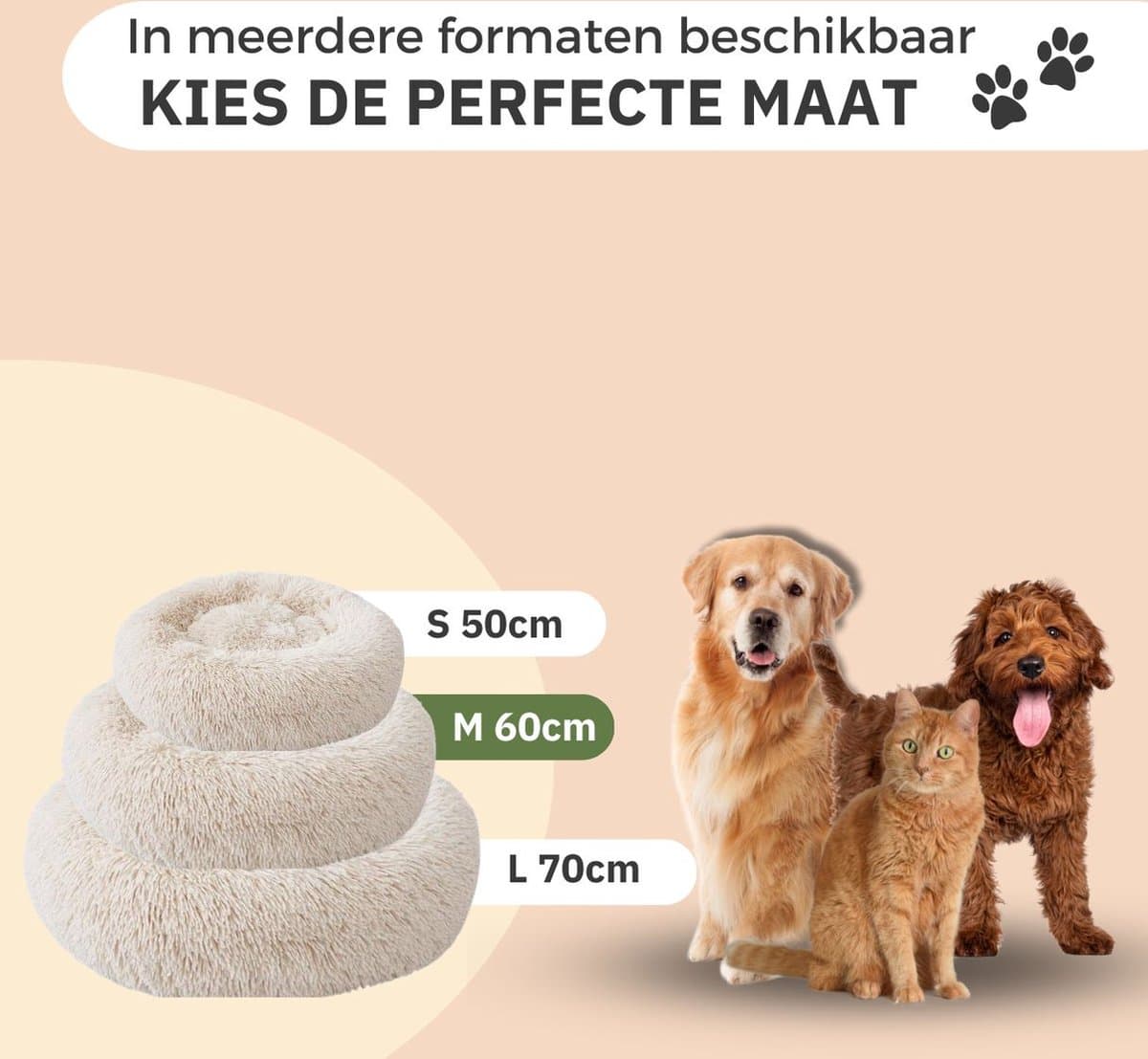 Donut Hondenmand - Kattenmand - Maat M - 60cm (ligvlak van 45cm) - Beige - Fluffy en Wasbaar thumbnail 7