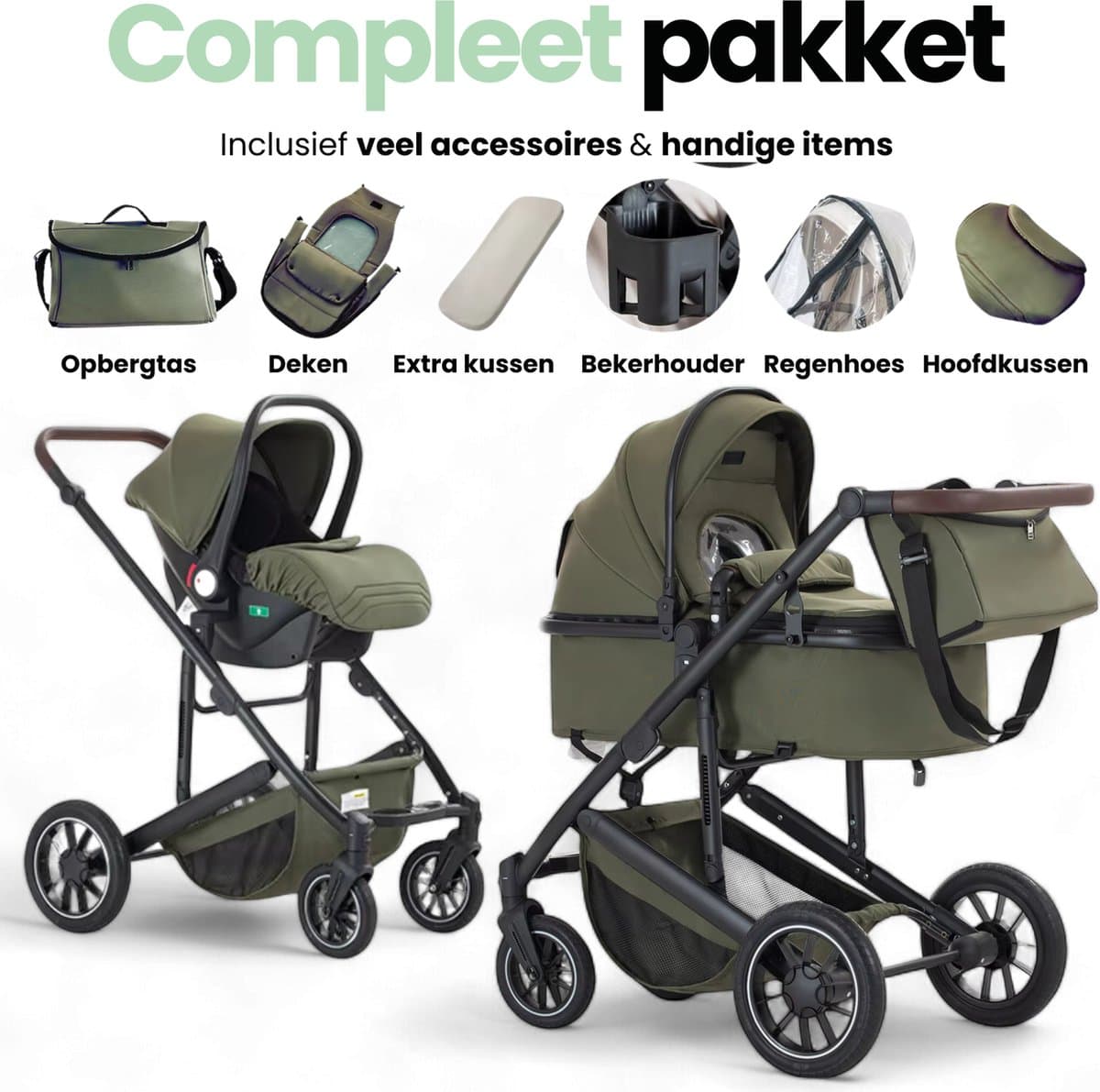 Lunola Luna - Kinderwagen 3-in-1 - incl. autostoel - 0-22kg - XXL - Wandelwagen - Multifunctionele Buggy 3in1 - Groen thumbnail 7