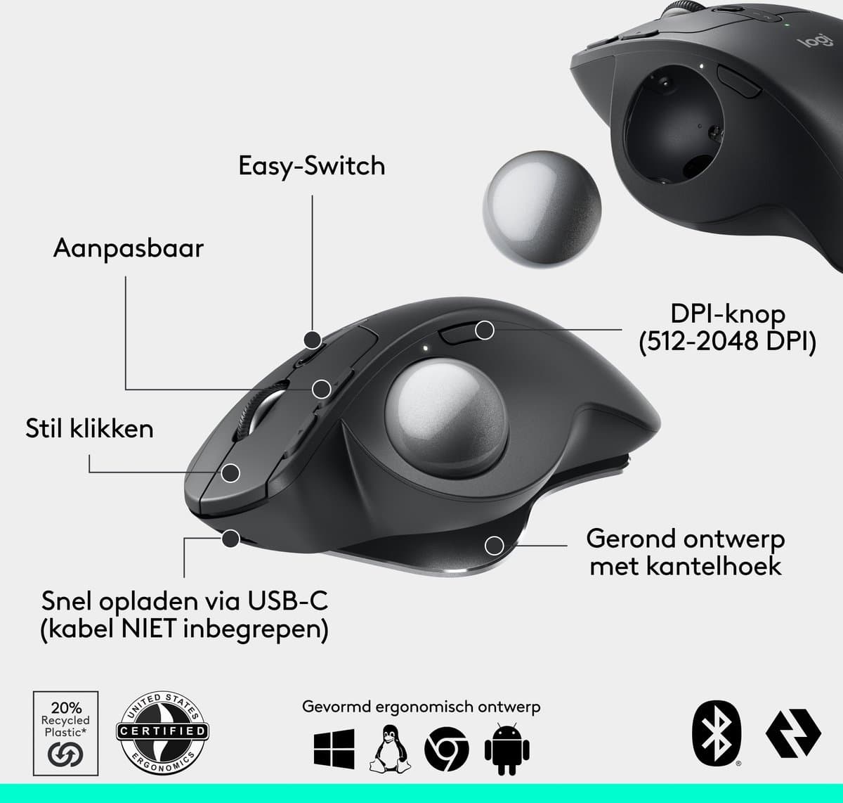 Logitech MX Ergo S - Draadloze Muis - Ergonomisch - Bluetooth - Graphite thumbnail 6