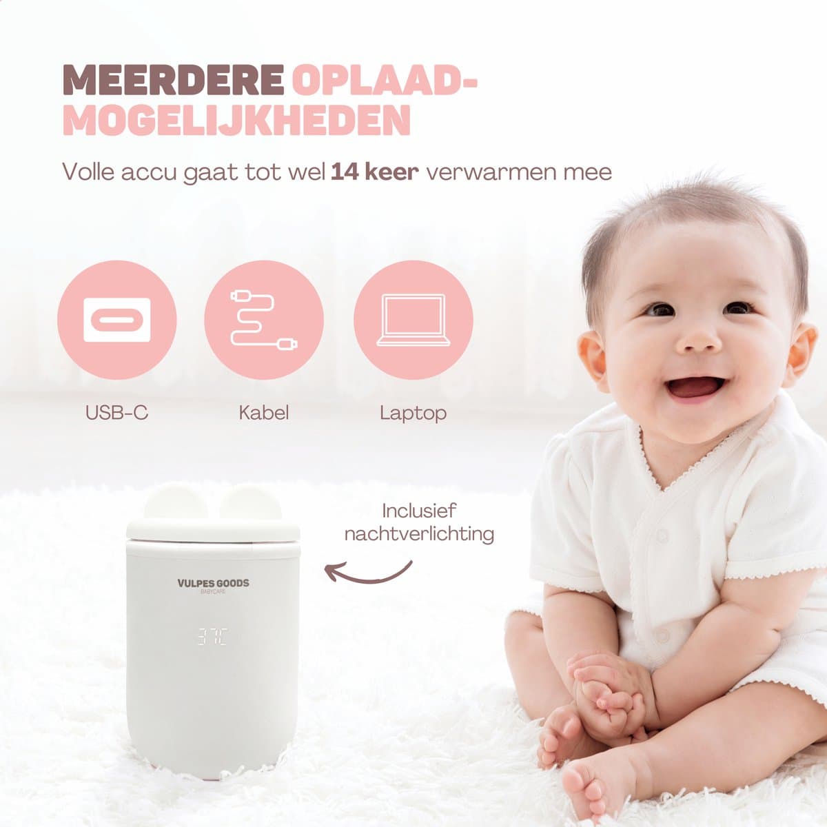 Vulpes Goods® BabyCare - Flessenwarmer Pro - Draagbare Baby Flessenwarmer voor Onderweg - Intelligente Flesverwarmer - 4 Temperatuurniveaus - Draadloos - Inclusief 6 Adapters - USB Oplaadbaar - 13.200 mAh - Wit thumbnail 7