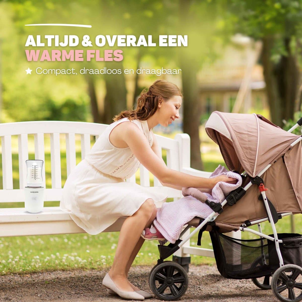 Vulpes Goods® BabyCare - Flessenwarmer Pro - Draagbare Baby Flessenwarmer voor Onderweg - Intelligente Flesverwarmer - 4 Temperatuurniveaus - Draadloos - Inclusief 6 Adapters - USB Oplaadbaar - 13.200 mAh - Wit thumbnail 2