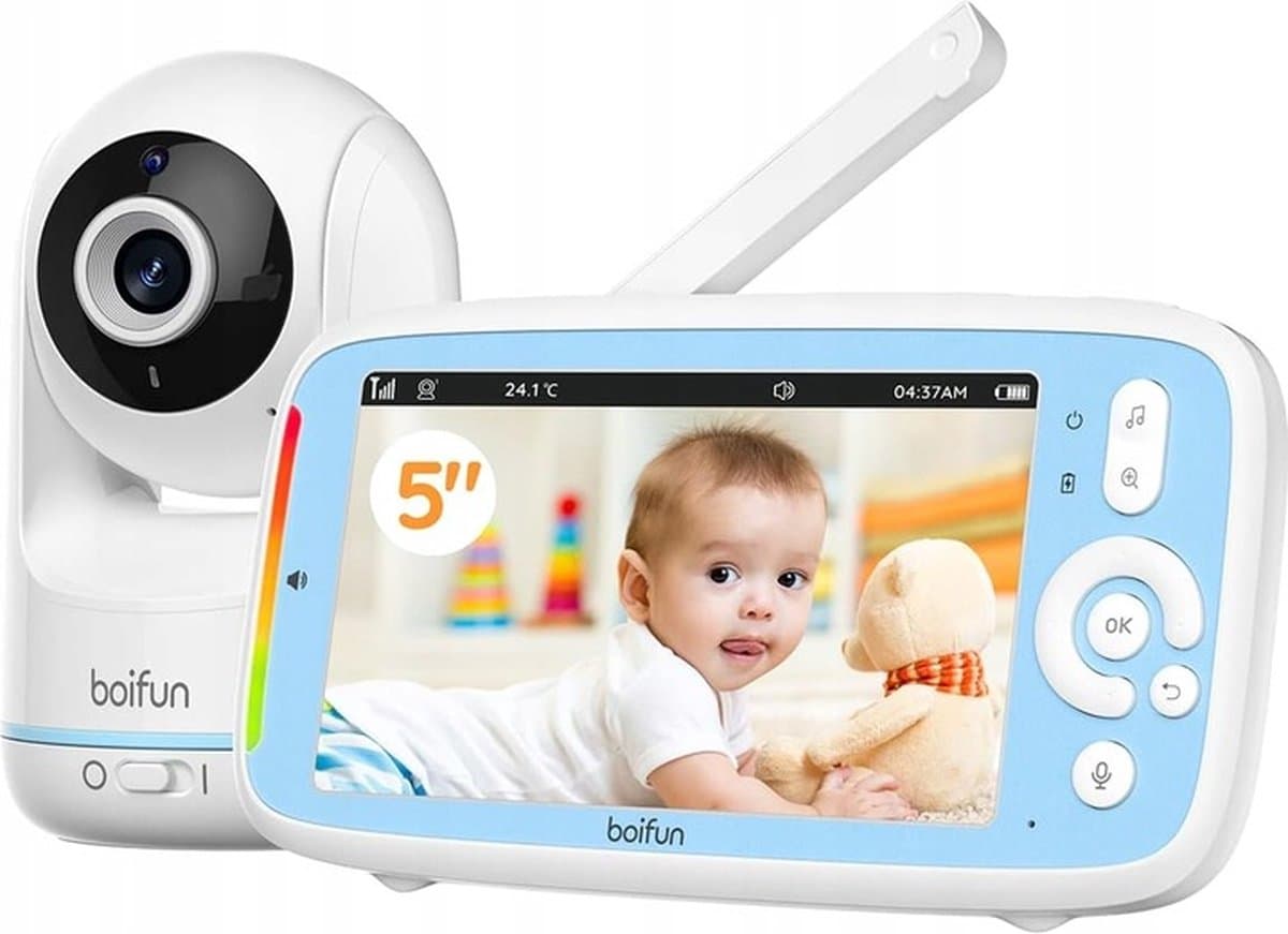 BOIFUN Video Babyfoon, 5-inch 720P IPS Full Color Scherm, 360 Camera, ECO-modus, 3050mAh Batterij, Geen Wifi, Nachtzicht, Tweerichtingsaudio, Voedingsherinnering, Temperatuursensor, Slaapliedjes
