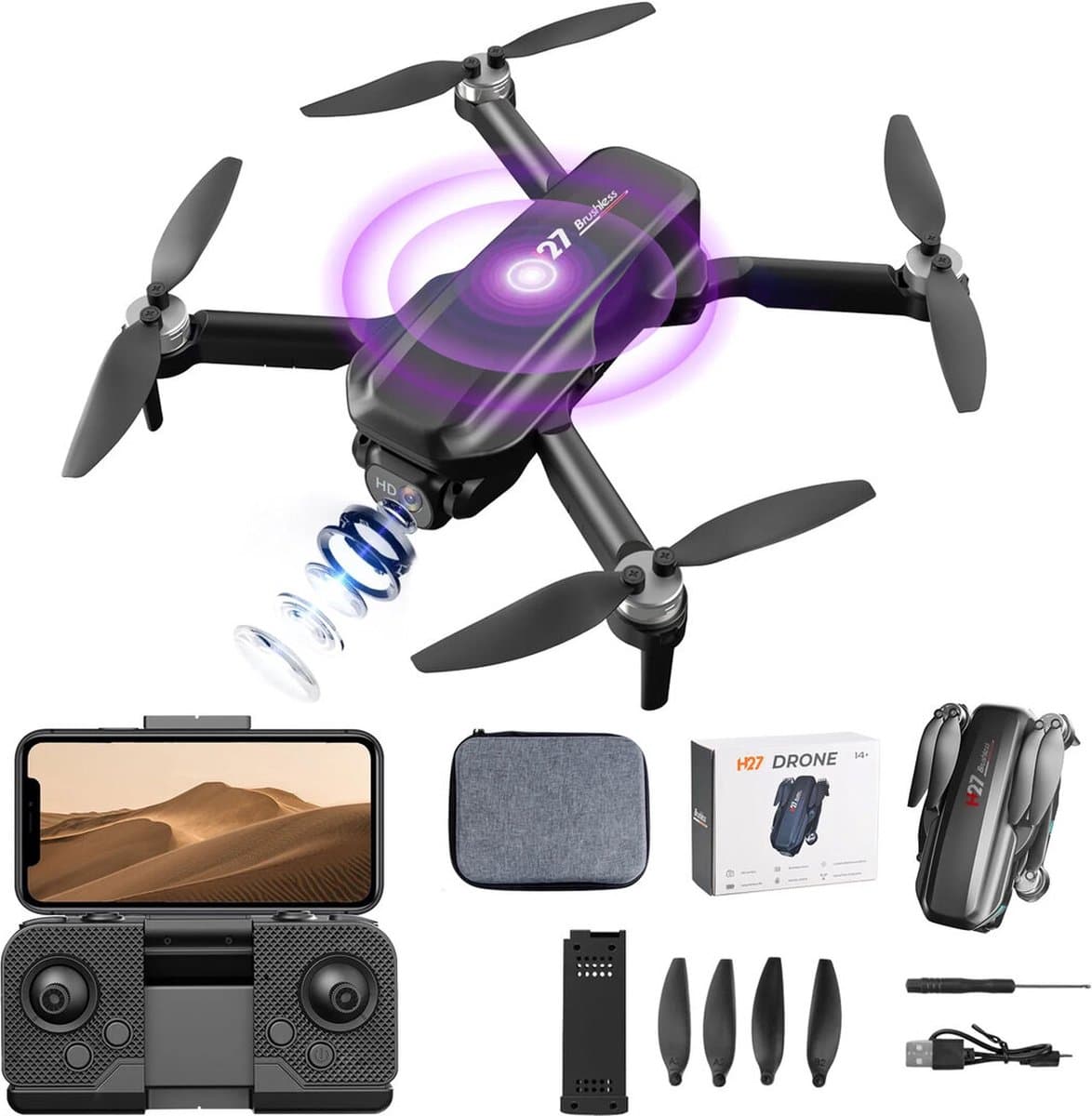 Drone H27 - HD live draaibaar Camera - Brushless Motor - Hovermode - Opvouwbaar quadcopter incl. tas thumbnail 7