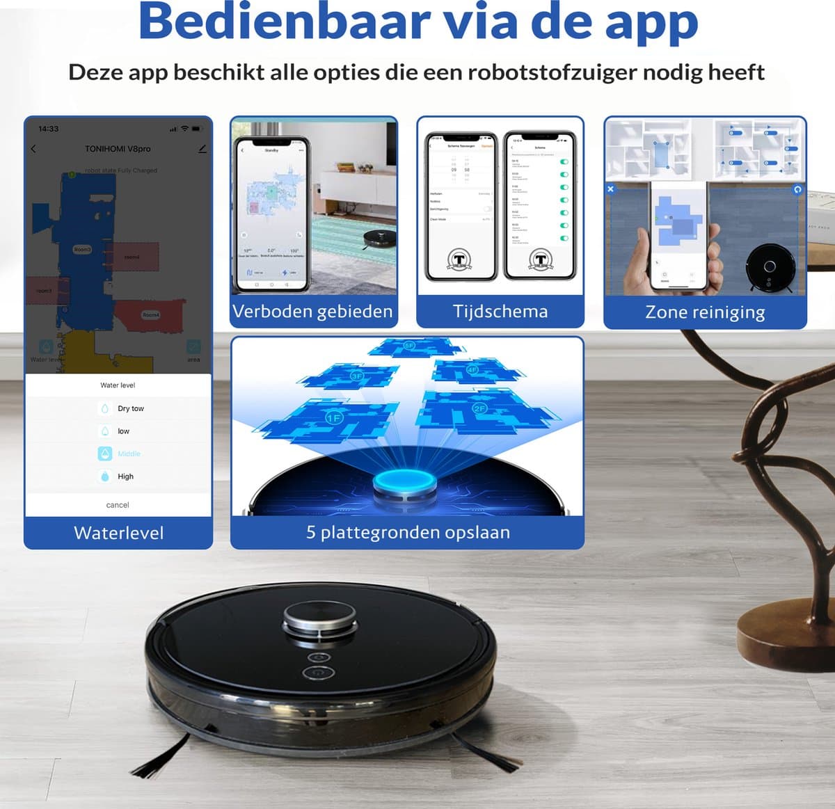 TONIHOMI® V8pro Robotstofzuiger Met Dweilfunctie - Robotstofzuiger met leegstation - Robotstofzuiger met laadstation - LDS Laser navigatie - Robotstofzuiger huisdieren - Dweilrobot - Zwart thumbnail 4