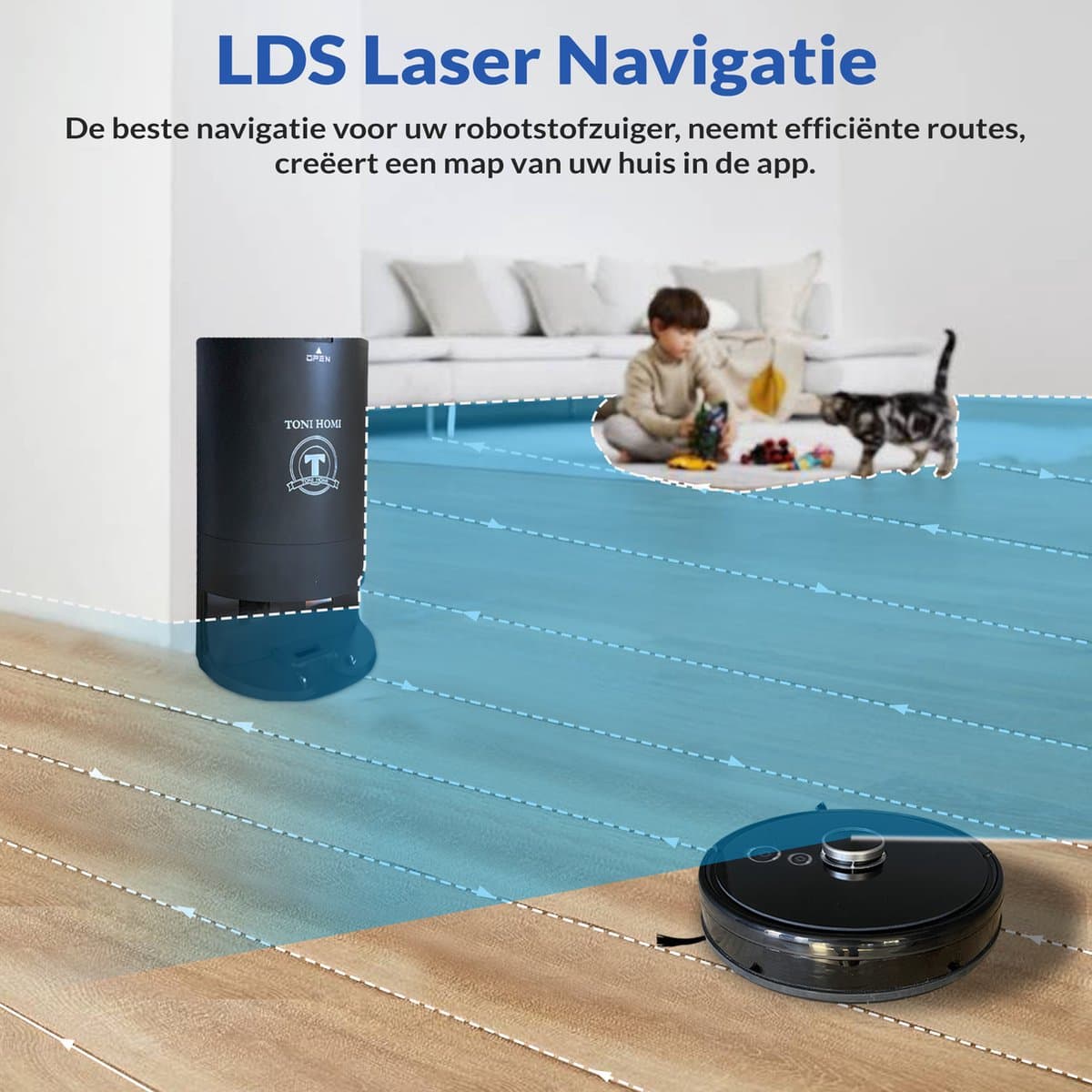 TONIHOMI® V8pro Robotstofzuiger Met Dweilfunctie - Robotstofzuiger met leegstation - Robotstofzuiger met laadstation - LDS Laser navigatie - Robotstofzuiger huisdieren - Dweilrobot - Zwart thumbnail 2