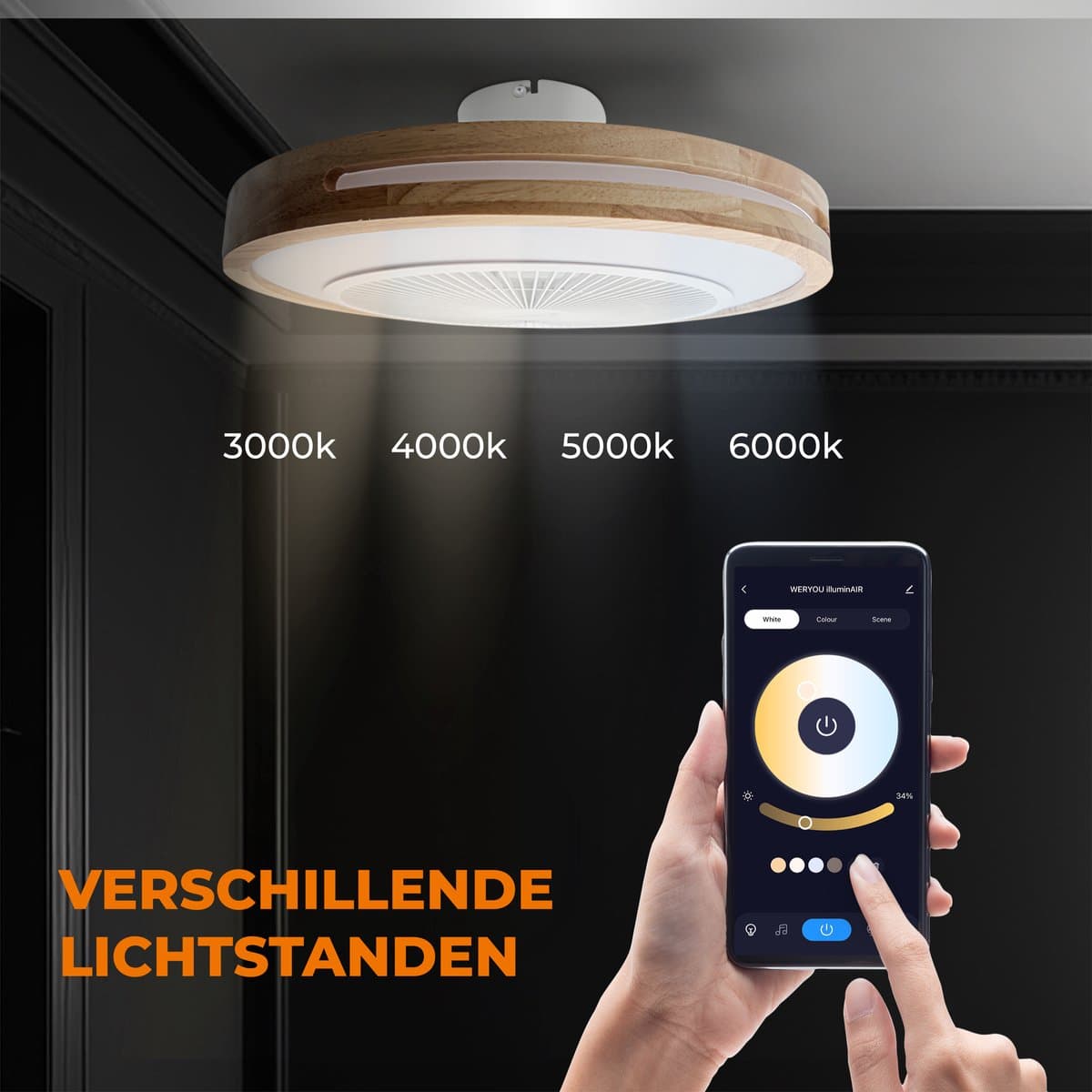 WERYOU® illuminAIR Plafondventilator - Plafonniere - Plafondventilator met Afstandsbediening - Plafondlamp - Plafond ventilator met Verlichting - Ventilator lamp - RGB Ledlamp - Hout Design thumbnail 6