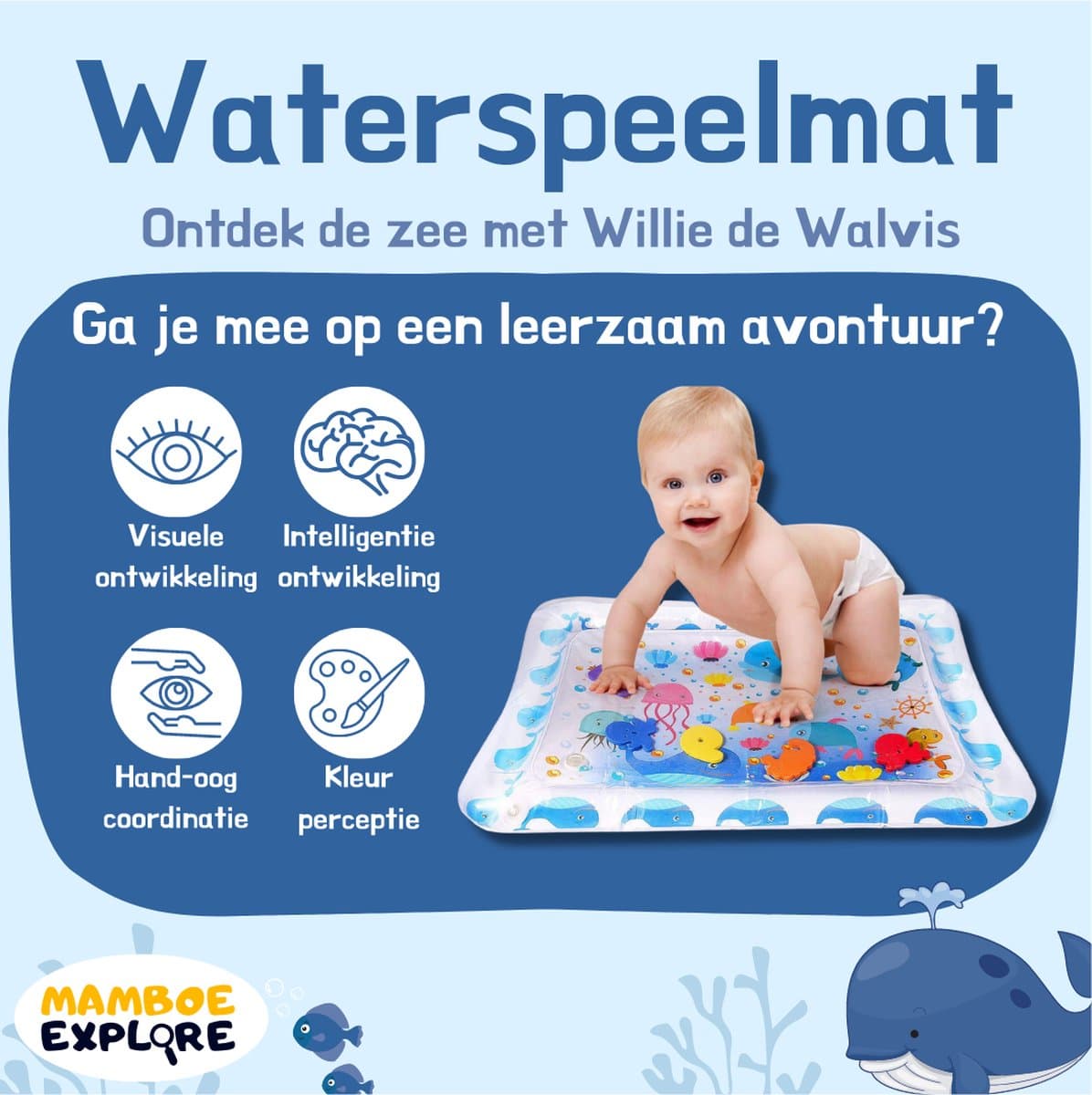 Mamboe Waterspeelmat Wit/Blauw | 70 x 50 cm | Watermat baby | Waterspeelgoed | Speelmat | Speelkleed Baby Opblaasbaar | Tummy Time | Kraamcadeau thumbnail 2