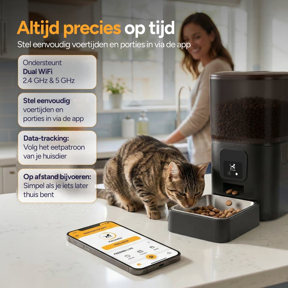 Viervoeter Feed - Automatische Voerbak 6L - Kat en Hond - Voerautomaat met App & Audio - Zwart thumbnail 3