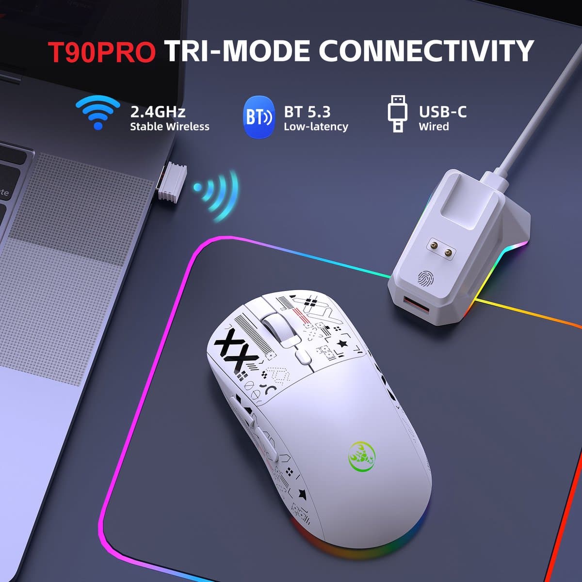HXSJ T90 PRO Draadloze Gaming Muis – Silent Clicks – RGB – Bluetooth 5.3 & 2.4G & Bedraad – 12000 DPI – Programmeerbare Knoppen – Oplaadbaar met Dock – Wit thumbnail 5