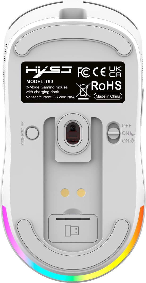 HXSJ T90 PRO Draadloze Gaming Muis – Silent Clicks – RGB – Bluetooth 5.3 & 2.4G & Bedraad – 12000 DPI – Programmeerbare Knoppen – Oplaadbaar met Dock – Wit thumbnail 8