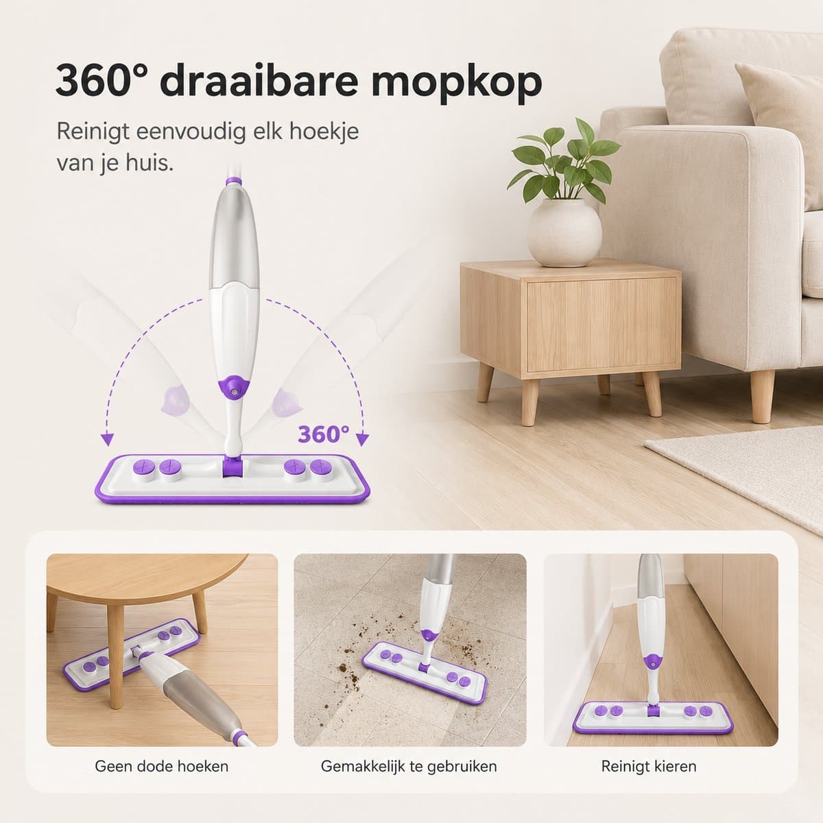 BOTC Dweil - 2 IN 1 Mop - Dweilsysteem - Compatibel met stofwisdoeken - Dweilset Met Spray functie - Dweilen zonder Emmer - Vloerreiniger - Paars thumbnail 6