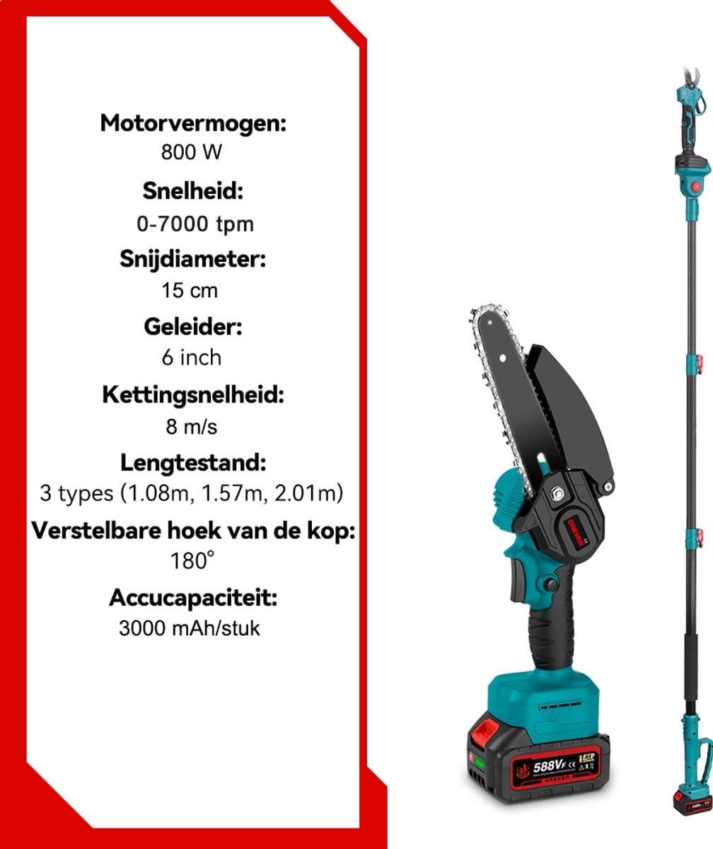 ONEVAN Accu-Hoogsnoeier - 4-in-1 Mini Kettingzaag - met 1.08 -2 m trekbare verlengstang & 2x Accu's - Elektrische Snoeischaar - Brushless Kettingzaag thumbnail 3