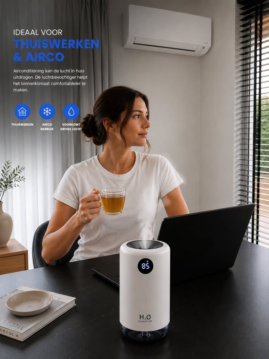The Care Store Draadloze Luchtbevochtiger 500ML - Voor Slaapkamer, Kantoor & Woonkamer - USB-C Oplaadbaar - LED Display - Wit thumbnail 3