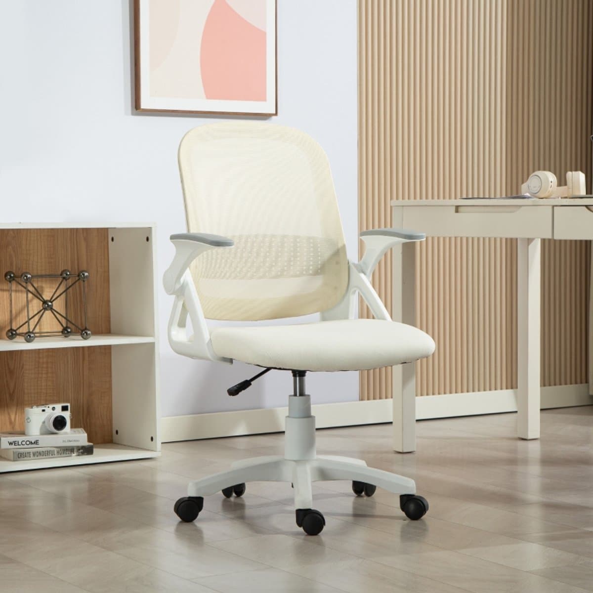 Ergonomische-Bureaustoel-Mesh-Verstelbare-Hoogte-Opklapbare-Armleuningen-360°-Draaistoel-Ademende-Office-Chair-Wit-Comfortabele-Thuiswerk-Stoel thumbnail 3