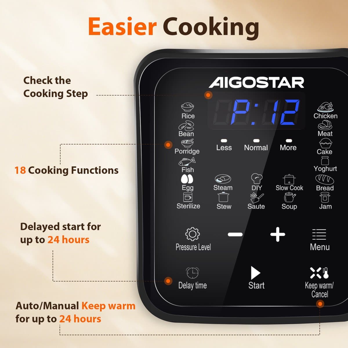 Aigostar Derrick Black - Pressure Multicooker - 6 Liter - Snelkookpan - Slow Cooker - Rijstkoker - Stomer - Zwart thumbnail 4