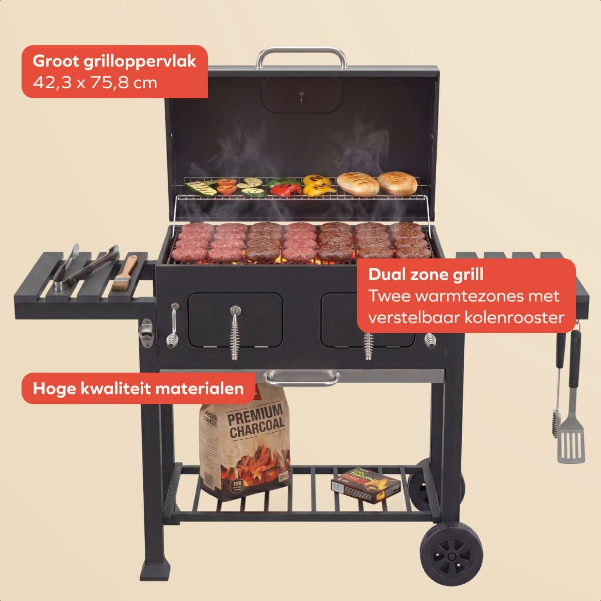 KitchenBrothers Houtskool BBQ XL - Dual Zone Smoker Barbecue - Met Verstelbare Kolenroosters & Inklapbare Zijtafels - PFAS-vrij - 42,3x75,8cm Grilloppervlak - Vaderdag Cadeau - Zwart thumbnail 3