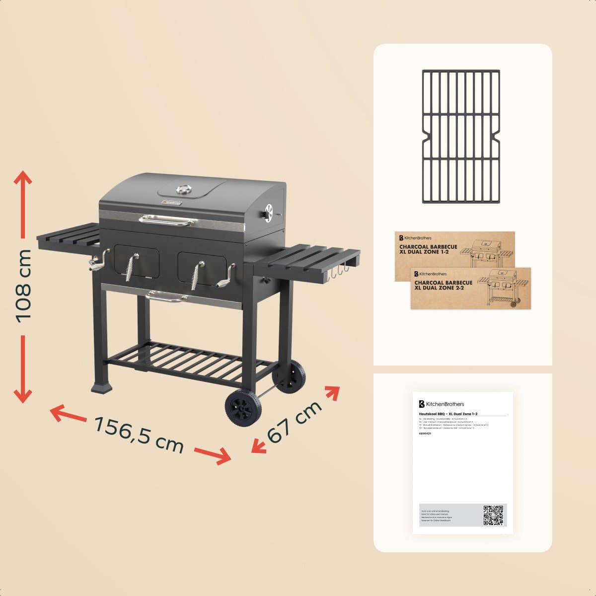KitchenBrothers Houtskool BBQ XL - Dual Zone Smoker Barbecue - Met Verstelbare Kolenroosters & Inklapbare Zijtafels - PFAS-vrij - 42,3x75,8cm Grilloppervlak - Vaderdag Cadeau - Zwart thumbnail 8