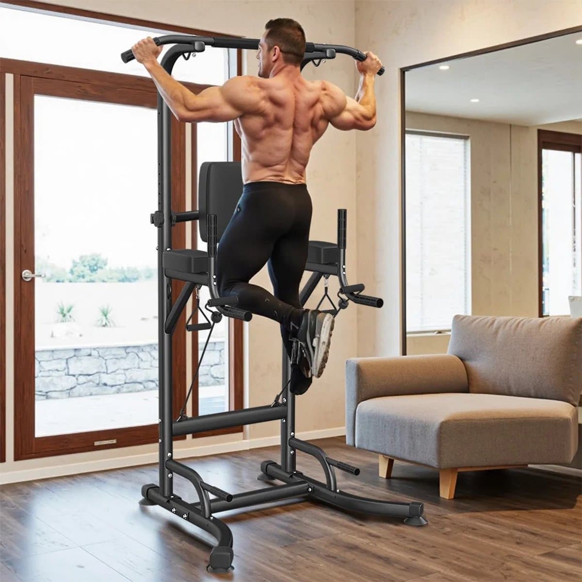 Weelora Pull Up Bar - Pull Up Station - Power Tower - Power Rack - Dip Station - Work Out - Buikspieroefeningen - Multifunctioneel - Krachttraining - Voor Thuisgymnastiek - Kleur Zwart thumbnail 7