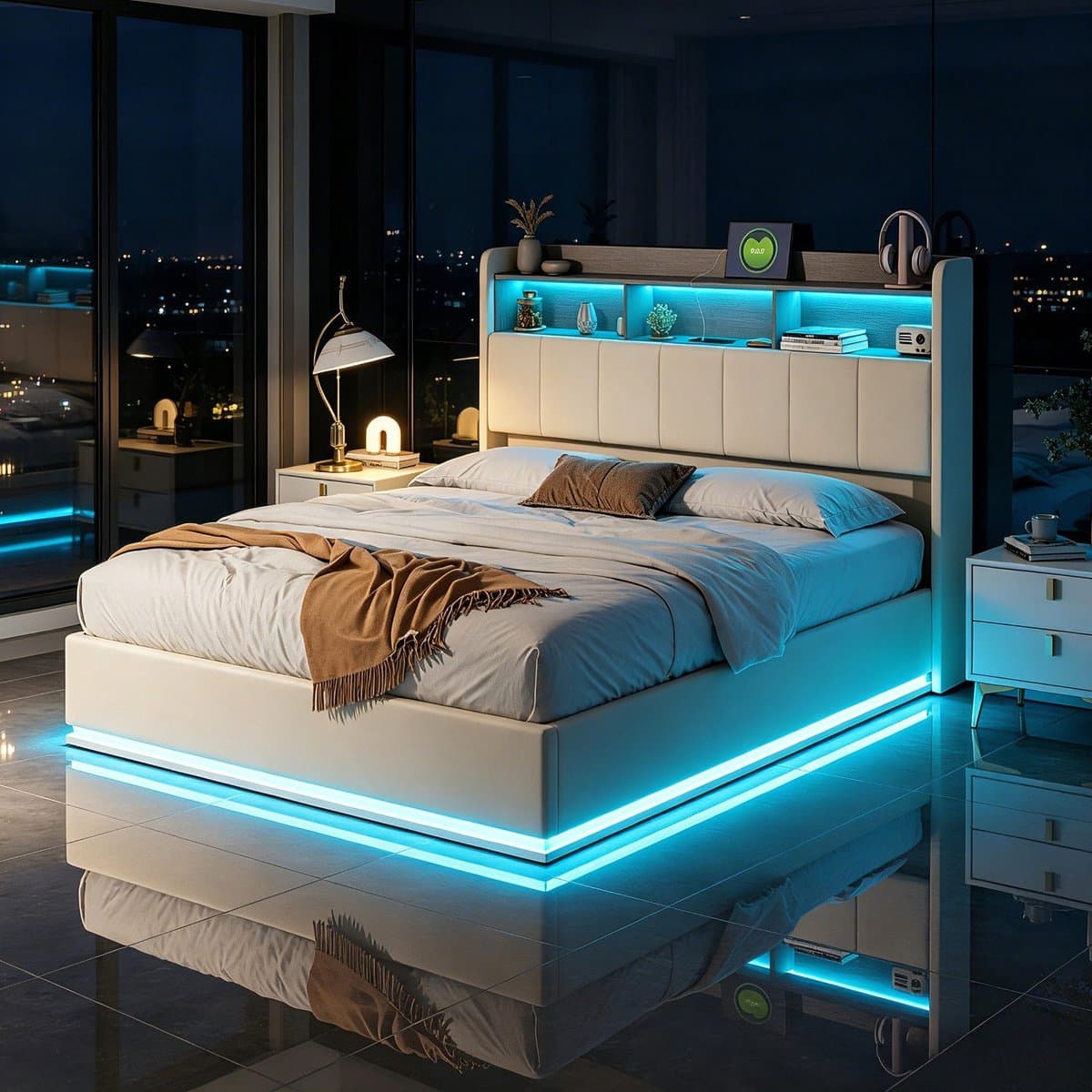 Hydraulisch Tweepersoons Opbergbed 160x200 cm Wit Fluweel met LED, USB en Bedhoofdopslag