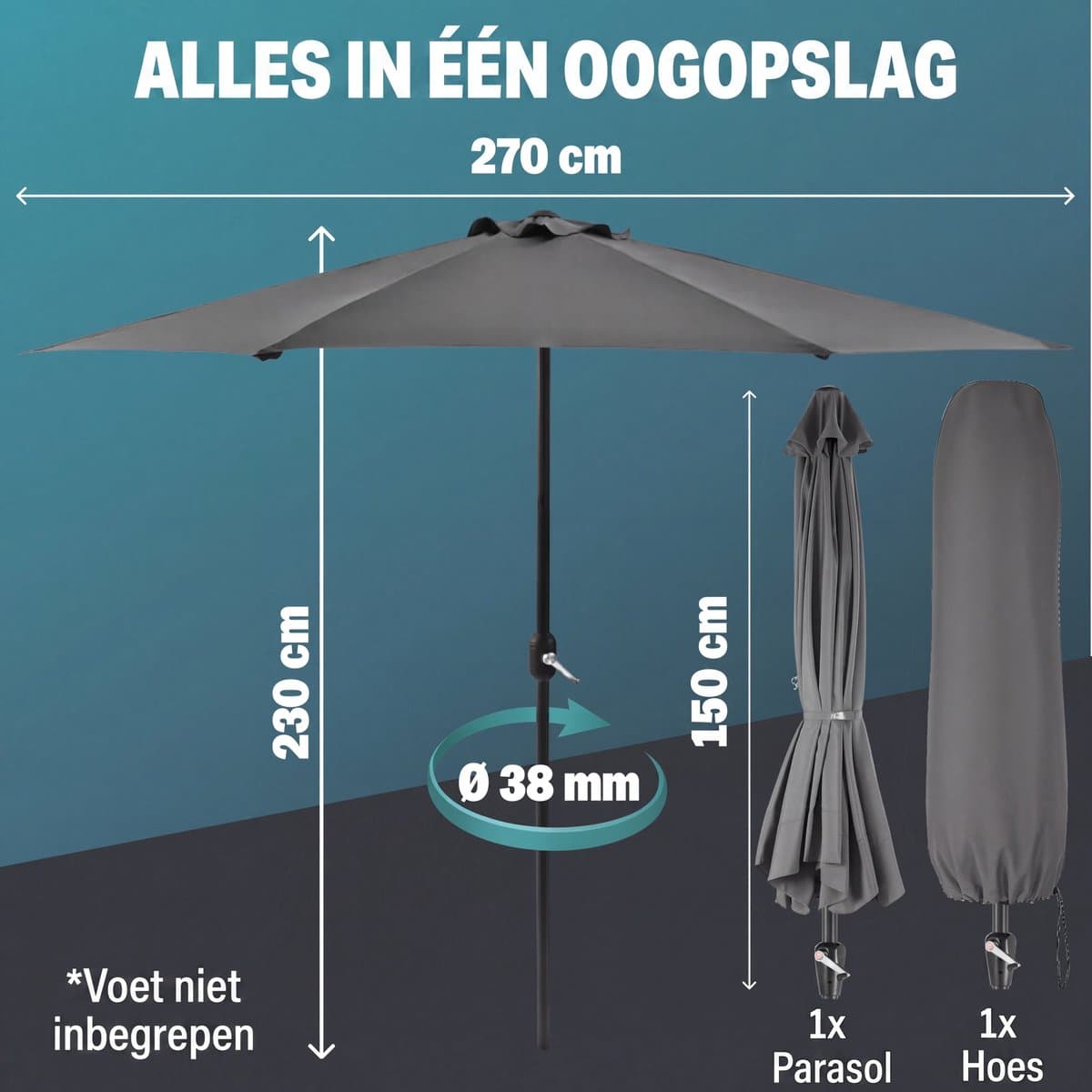 Kingsleeve Halfronde Balkonparasol – 270 cm UV50+ Antraciet thumbnail 6