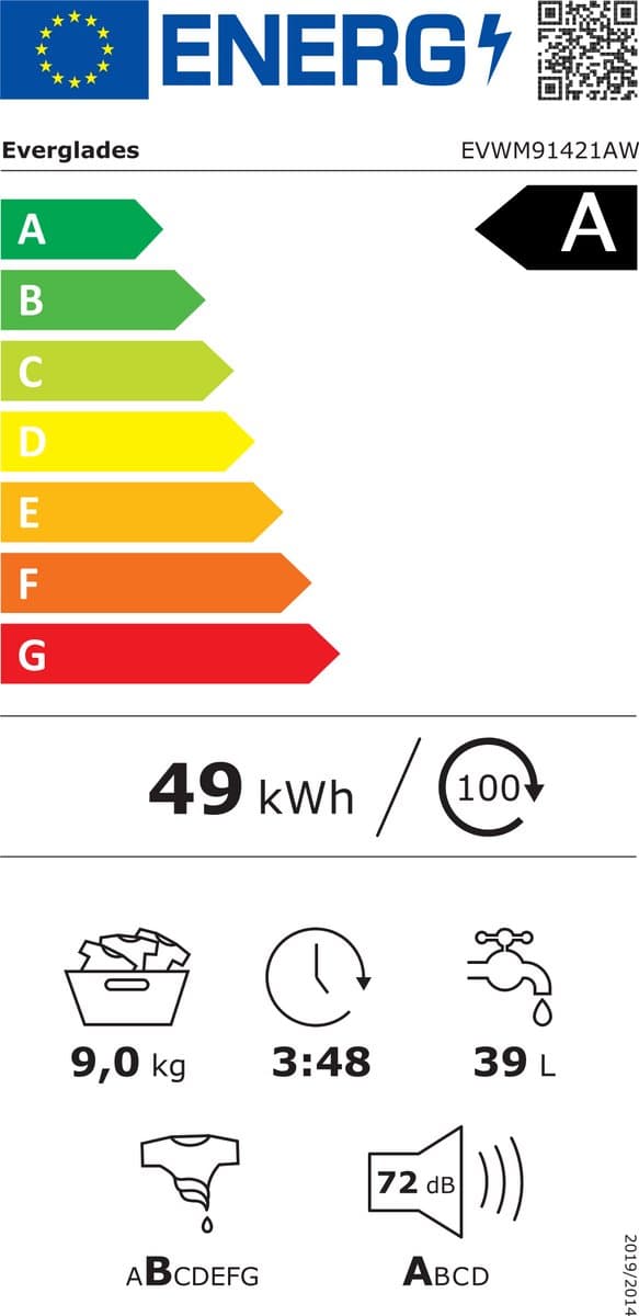 Everglades EVWM91421AW - Wasmachine 9KG - Arctic White - Energieklasse A -20% - Stoomfunctie - 15 Programma's - 5 Jaar Garantie thumbnail 2