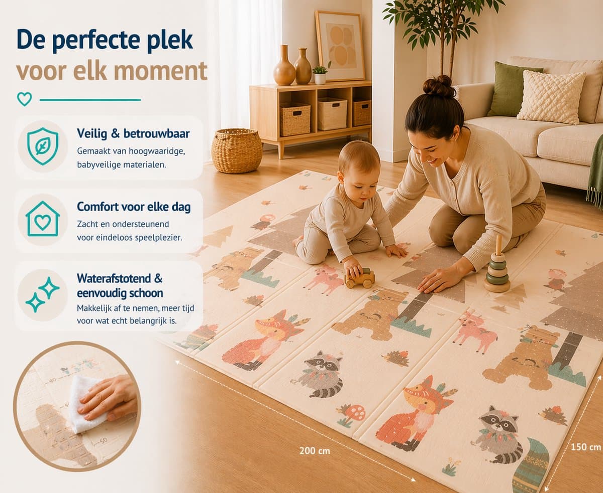 Speelmat - Inclusief Luxe Opbergtas - Dubbelzijdig - Speelkleed - Speelmat Baby - Speelkleed Baby - Speelmat Foam - 150 x 200 cm - Opvouwbaar - Beige - Baby Speelgoed 6 maanden - Baby cadeau - Kraamcadeau thumbnail 3