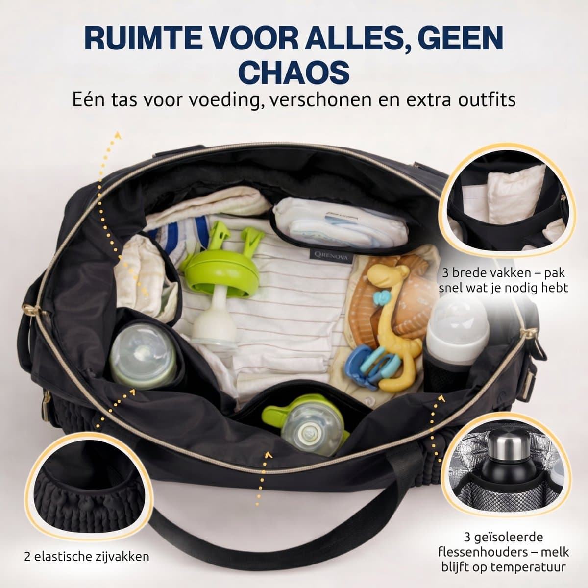Qrenova Luiertas Groot – Inclusief verschoonmatras- Baby Verzorgingstas – 3 Draagmogelijkheden – Reis – Unisex – Zwart thumbnail 3