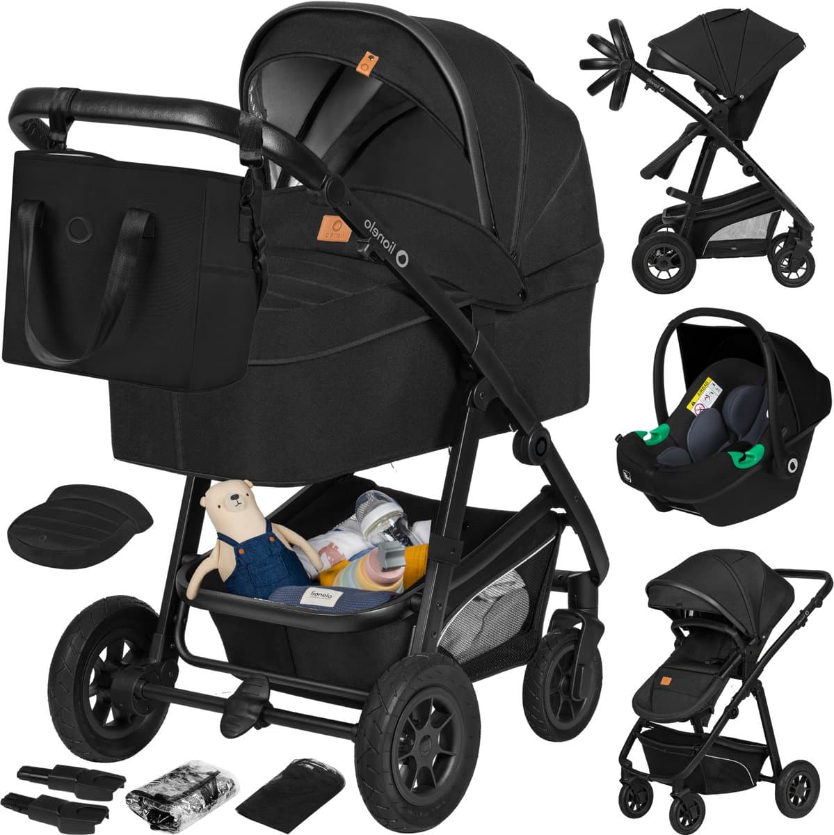 Lionelo Bianka Kinderwagen 3 in 1 - Reiswieg + Wandelwagen + Autostoel - Grote Luchtbanden, Volledige Vering - Inklapbaar - Verstelbare duwstang - Buggy Omkeerbare Zitting - 0-22kg - Accessoireset - Zwart
