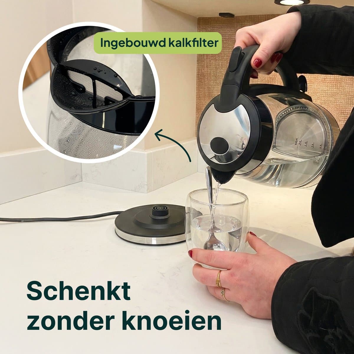 Vivid Green Glazen Waterkoker - 1.7L – 2200W - PFAS-vrij - Kalkfilter - Led Verlichting - Glas thumbnail 5