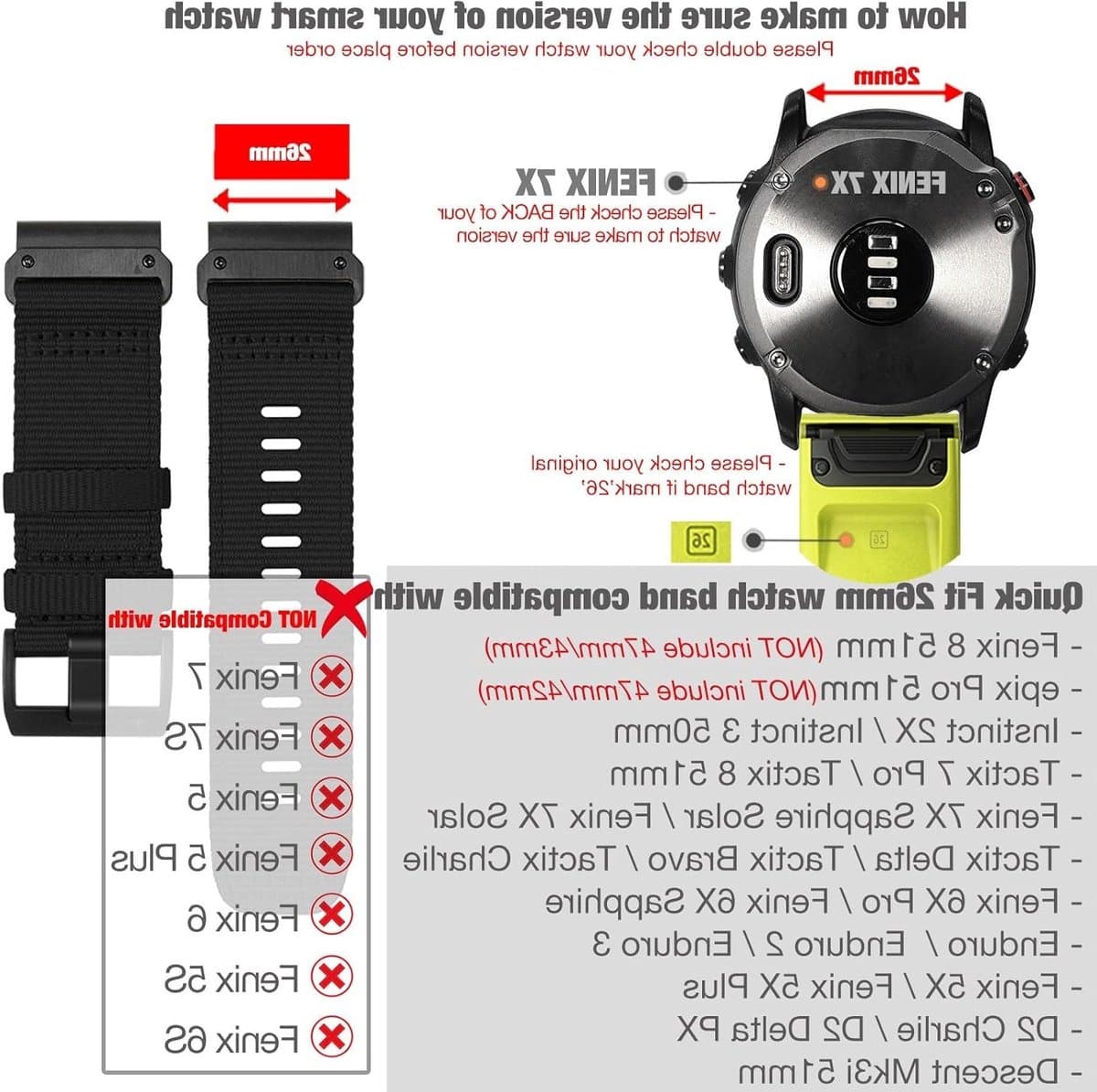 YOOSIDE Robuuste nylon horlogeband voor Garmin Fenix 7X/Fenix 6X/Fenix 5X/Enduro, quick fit, 26 mm, verstelbare geweven nylon sportpolsband met roestvrijstalen sluiting voor epix Pro 51 mm thumbnail 2