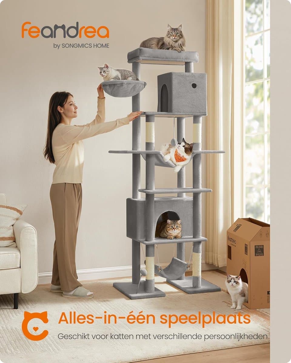 Feandrea krabpaal groot, krabpaal XXL, kattenkrabpaal met meerdere verdiepingen, 201 cm hoog, met een platform, een ligbak, 2 kattenholen, 2 hangmatten, anti-tip bescherming, lichtgrijs thumbnail 6