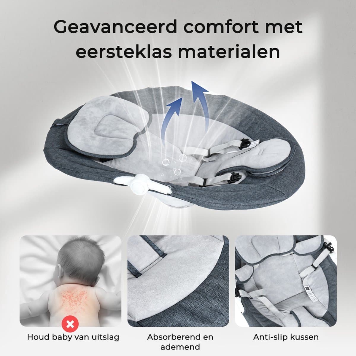 Khido® Elektrische Wipstoel - met Timer Afstandsbediening Bluetoothmusic - 5 Zwenksnelheden en 3 Zitposities - Babyschommel - Donkergrijs thumbnail 3