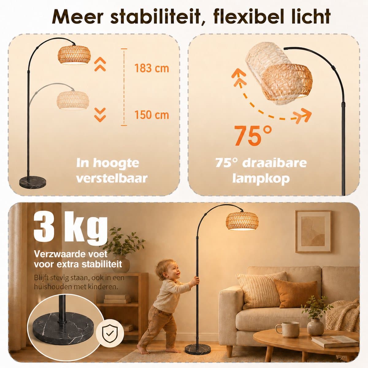 MUPOO Boho Rotan vloerlamp Booglamp 185cm-Staande Lamp Dimbaar met APP Afstandsbediening -booglamp met 360° Draaibare Arm & Hoogte Verstelbaar en Voetschakelaar -Sfeerverlichting leeslamp staand voor Woonkamer Slaapkamer Kantoor thumbnail 3