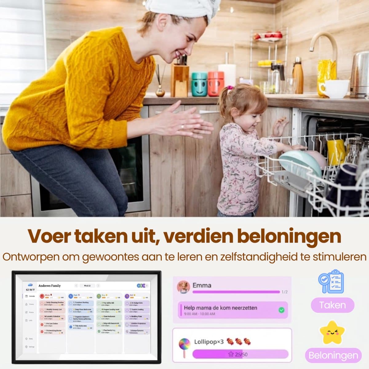 Digitale Kalender & Fotolijst met Touchscreen – 1080P Full HD – Zonder Abonnement – 10,1" inch – Gezinsplanner met Takenlijst & Maaltijdplanner – 32GB – Wand- en Bureaumontage thumbnail 6