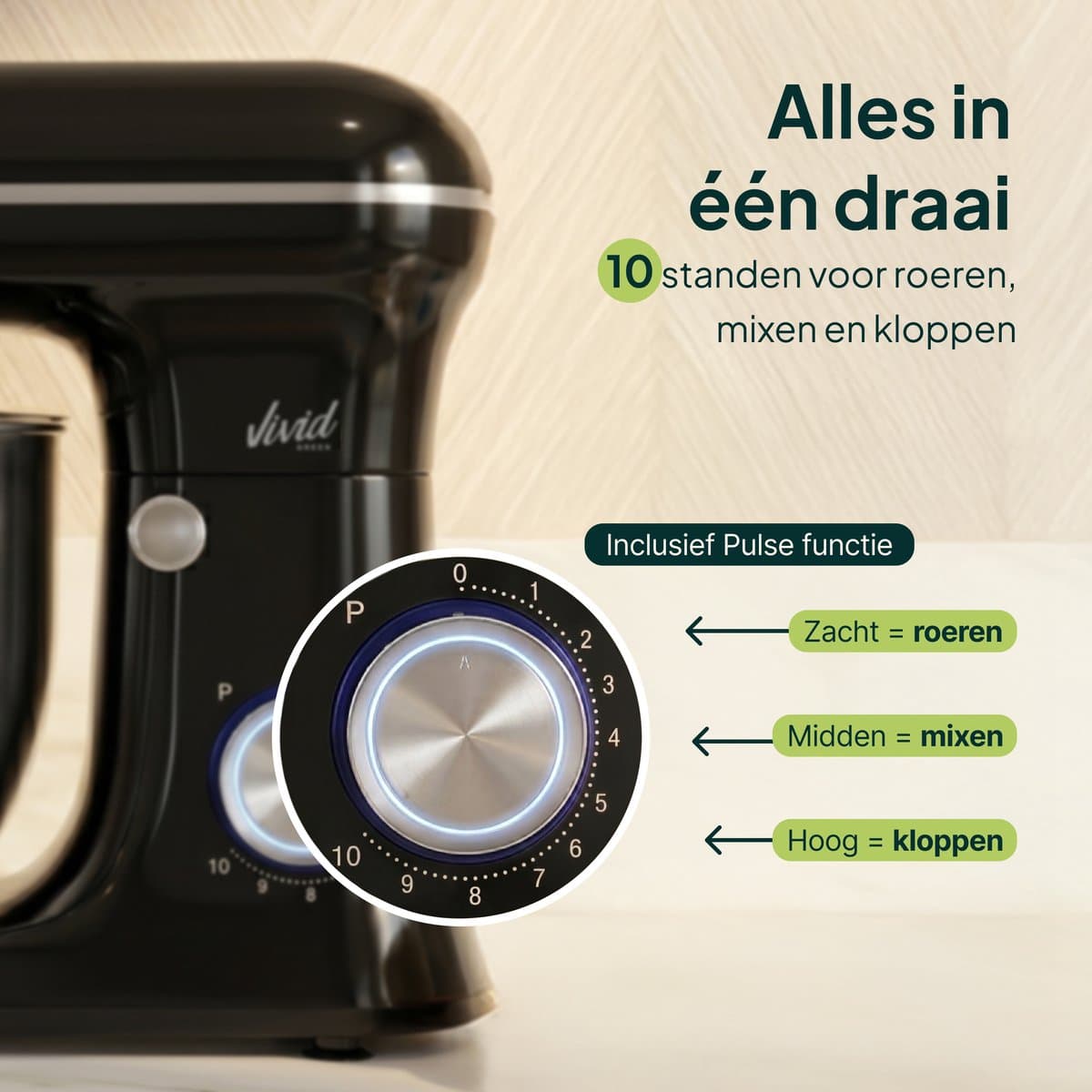 Vivid Green 1500W Keukenmixer - 5L Mengkom - 10 Snelheden - Keukenmachine - Keukenrobot - Zwart thumbnail 7