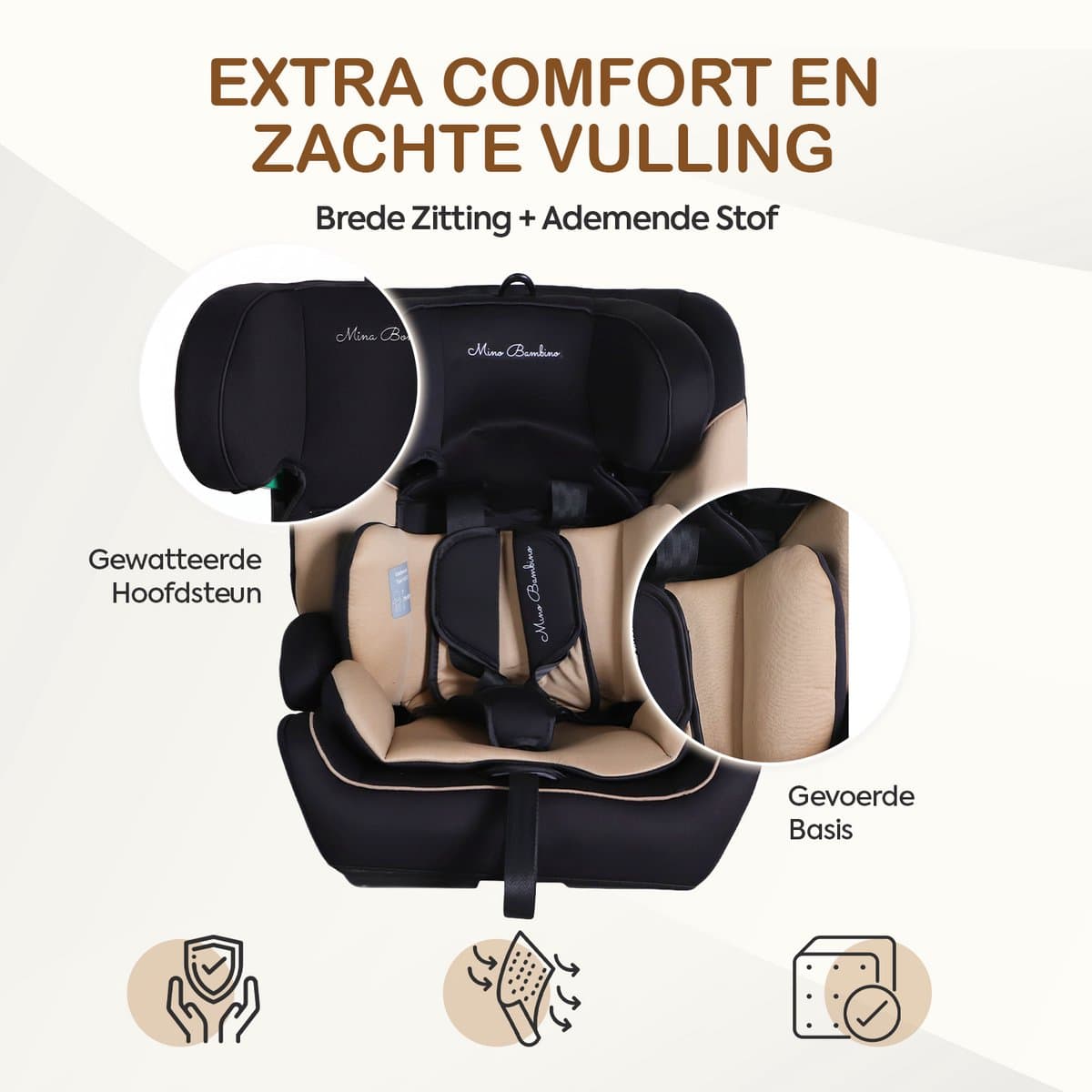 Mino Bambino i-Size Autostoel – Isofix - Groep 1/2/3 9-36 kg (76 tot 150 cm) - 15 maanden tot 12 jaar – Taupe thumbnail 5