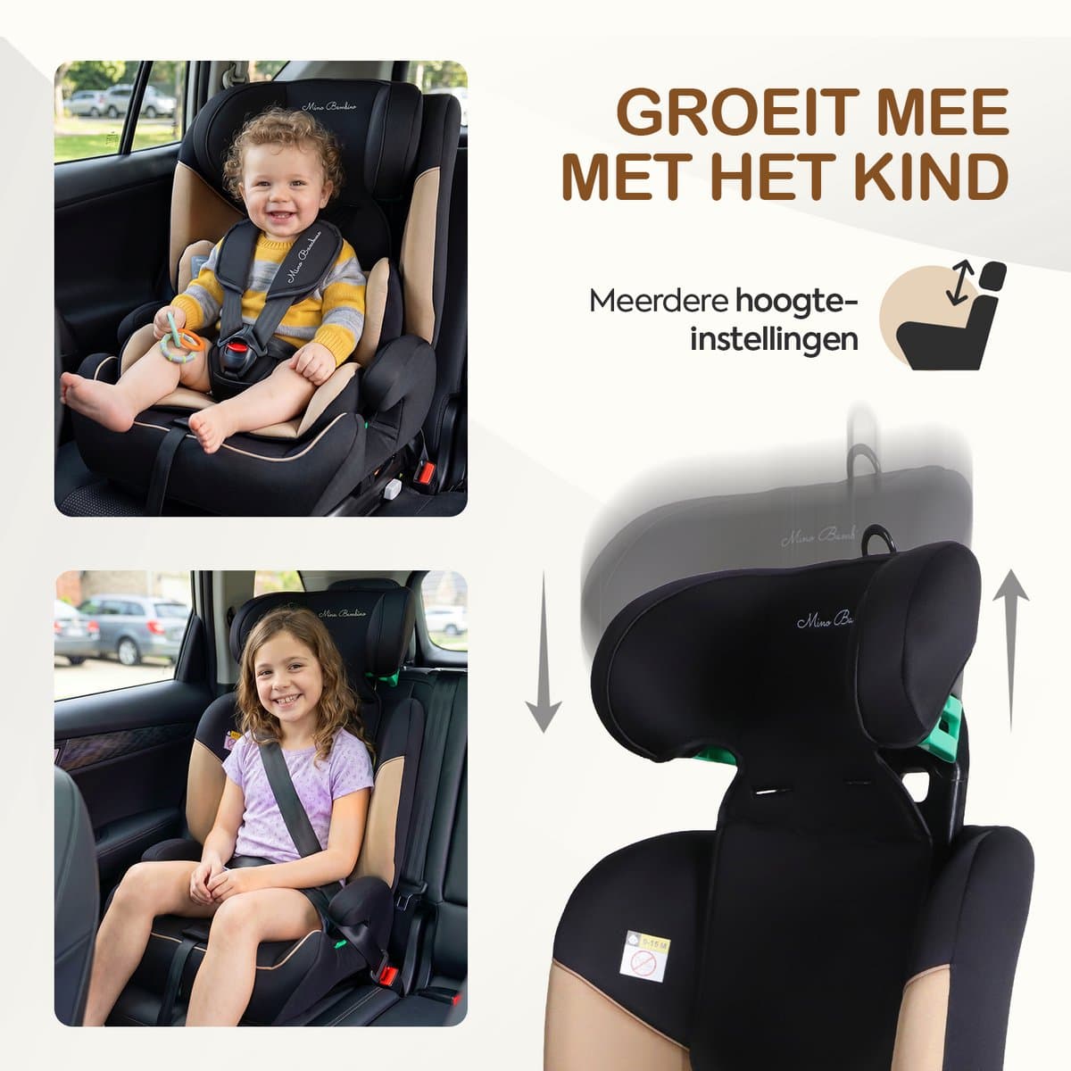 Mino Bambino i-Size Autostoel – Isofix - Groep 1/2/3 9-36 kg (76 tot 150 cm) - 15 maanden tot 12 jaar – Taupe thumbnail 6