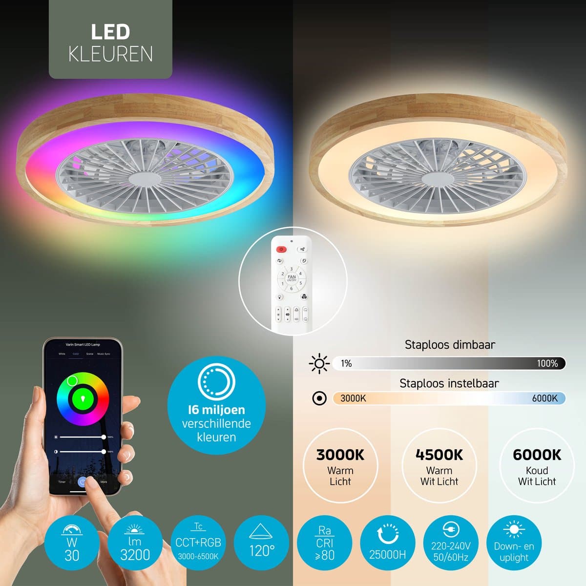 Varin® Plafondventilator met verlichting - Licht hout - Tuya Wifi - LED RGBW - Ø 50cm - Super stil - Afstandsbediening smart lamp - Plafondlamp slaapkamer - Plafonniere woonkamer - Plafondlampen - Plafond lamp - Verlichting kinderkamer - Ventilator thumbnail 4