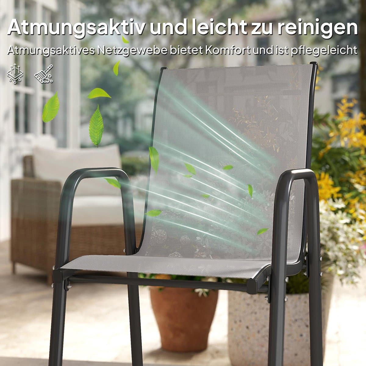 Pugsdrly Tuinstoelen, set van 4 stapelbare terrasstoelen met ademende rugleuning, armleuningen, draagvermogen 120 kg thumbnail 4