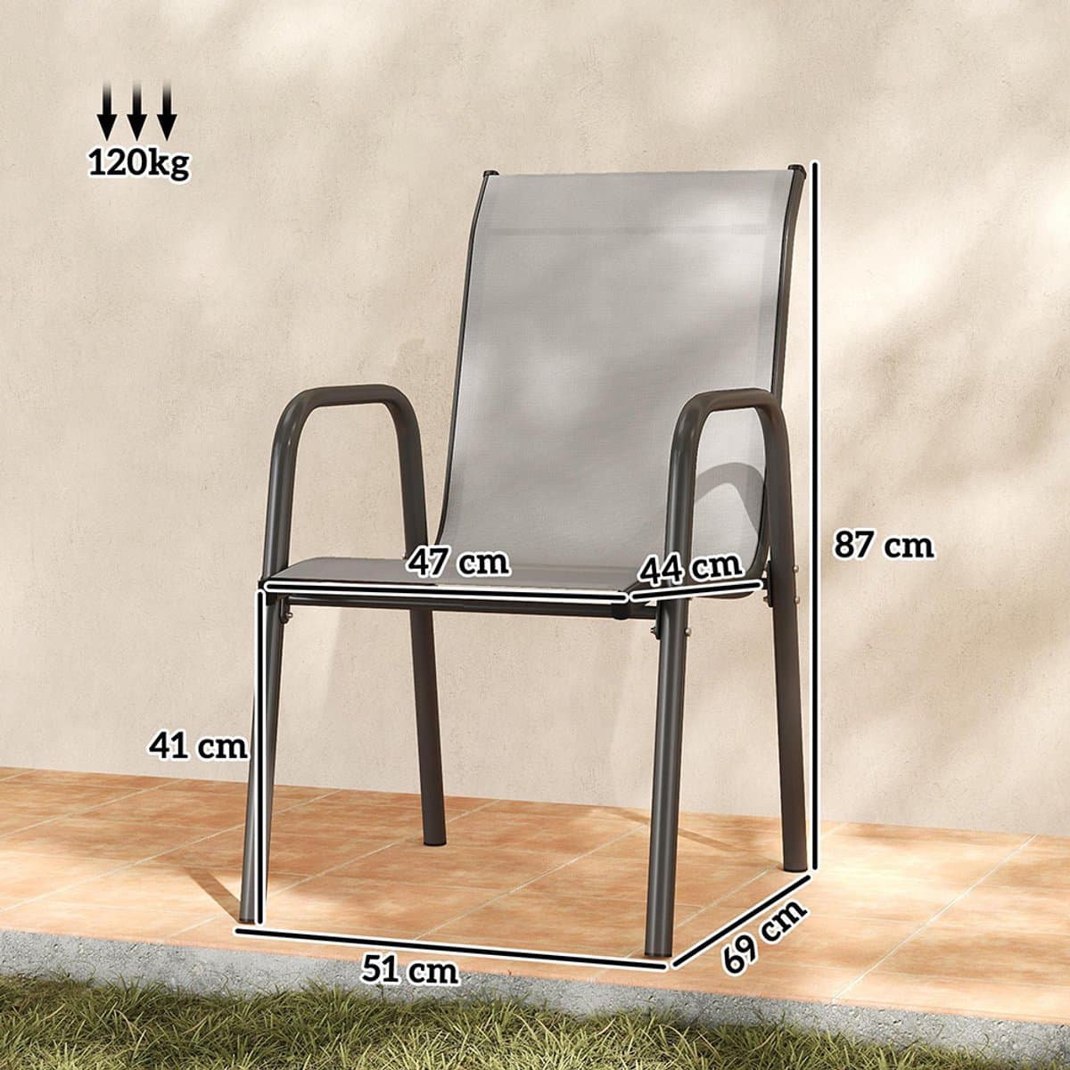 Pugsdrly Tuinstoelen, set van 4 stapelbare terrasstoelen met ademende rugleuning, armleuningen, draagvermogen 120 kg thumbnail 3